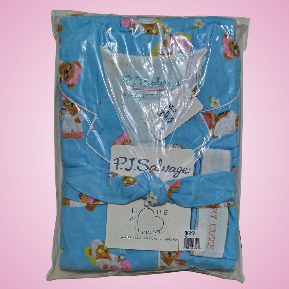 PJ Salvage Flannel Pajama Set XL Beary Cute Ice Blue Top/Pants NWT 🐻